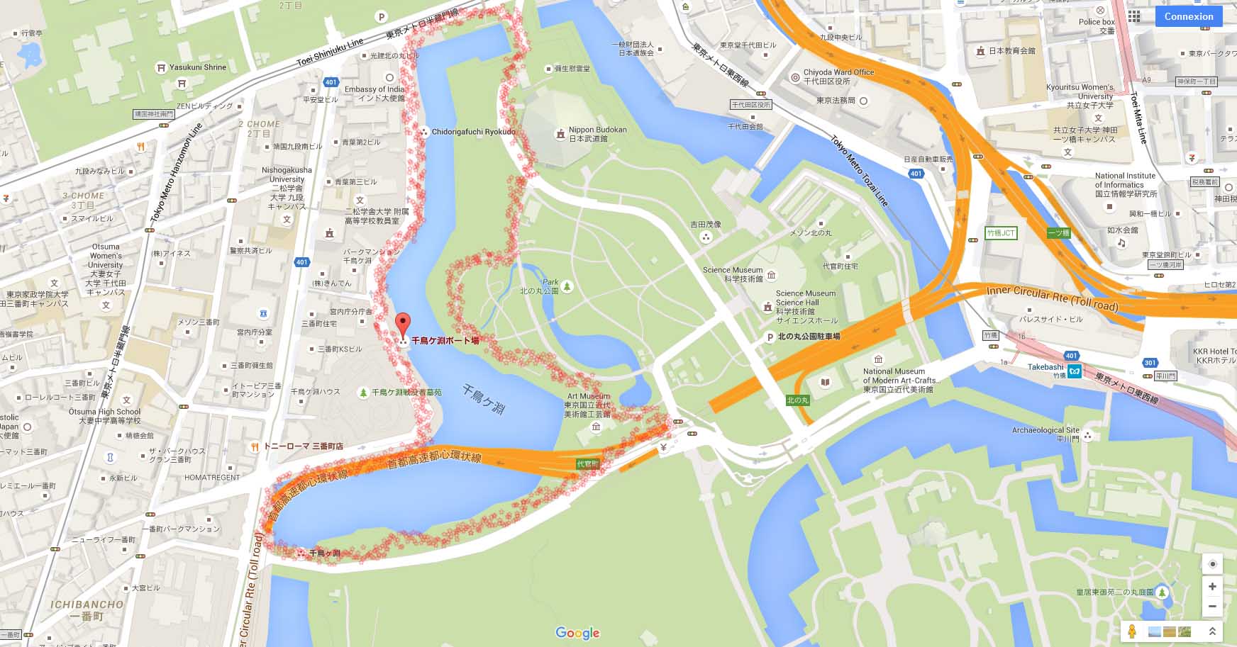 Notre chemin le long des cerisiers à Tokyo © Aventure Japon et Google
