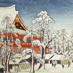 Neige sur le temple Kinryûzan 金龍山 d’Asakusa 浅草 à Tokyo, Asakusa Kinryûzan 浅草金龍山 de la collection « 8 vues enneigées de la capitale de l’est » Tôto yukimi hakkei 東都雪見八景 par Utagawa Hiroshige 歌川広重 (1797-1858) © Japanese Art Open Database