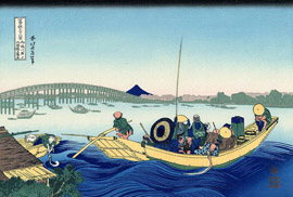 Coucher de soleil à travers le pont de Ryōgoku depuis la rive de la Sumida à Onmayagashi, Onmayagashi yori Ryôgoku-bashi yûhi-mi 御厩川岸より両国橋夕陽見, estampe faisant partie de la série des 36 vues du mont Fuji, Fugaku sanjûrokkei 冨嶽三十六景, de Katsushika Hokusai 葛飾北斎 (1760-1849), et réalisé vers 1830 – source : Galerie numérique de l’Université de Keiô