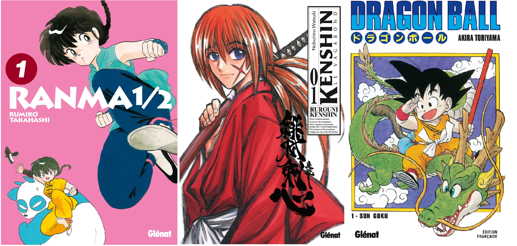 Les couvertures des premiers tomes de Ranma 1/2, Kenshin le Vagabond et Dragon Ball, éditions Glénat
